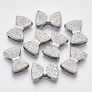 Alloy Slide Charms, with Polymer Clay Rhinestone, Bowknot, Platinum, PP13(1.9~2mm), 14x19.5x6mm, Hole: 2x10.5mm and 2x8mm(X-ALRI-T007-01P)