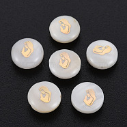 Natural Freshwater Shell Beads, with Golden Plated Brass Metal Embellishments, Flat Round with Woman, Seashell Color, 8x3.5mm, Hole: 0.7mm(SHEL-S278-051)