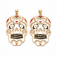 Brass Micro Pave Clear Cubic Zirconia Pendants, with Enamel, Cadmium Free & Nickel Free & Lead Free, Skull, Real 16K Gold Plated, 39x24.5x2mm, Hole: 5x3mm(ZIRC-S067-060-NR)