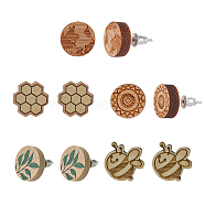 Natural Wood Stud Earrings, with Stainless Steel Stud Earring Findings and Ear Nuts, Flat Round with Pattern, Bisque, 12~17x4mm, Pin: 0.6~0.7mm, 5 patterns, 1pair/pattern, 5pairs/box(EJEW-SC0001-22P)