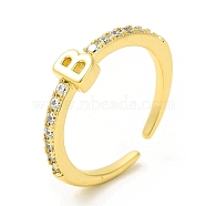 Clear Cubic Zirconia Initial Letter Open Cuff Ring, Real 18K Gold Plated Brass Jewelry for Women, Cadmium Free & Nickel Free & Lead Free, Letter.B, US Size 7 3/4(17.9mm)(RJEW-H120-09G-B)