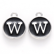 Platinum Plated Alloy Charms, Cadmium Free & Lead Free, with Enamel, Enamelled Sequins, Flat Round with Letter, Letter.W, 14x12x2mm, Hole: 1.5mm(X-ENAM-S118-02W-P)