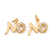 Brass Micro Pave Cubic Zirconia Charms, with Jump Ring, Word No, Clear, Real 18K Gold Plated, 9x11x1.5mm, Hole: 2.5mm(X-ZIRC-G169-05G)