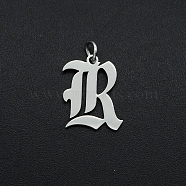 304 Stainless Steel Pendants, with Jump Ring, Old English, Letter, Laser Cut, Stainless Steel Color, Letter.R, 16x13x1mm, Hole: 3mm(A-STAS-R111-JA565-R)