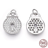 Rhodium Plated 925 Sterling Silver Micro Pave Cubic Zirconia Charms, with Jump Ring, Padlock, Nickel Free, Real Platinum Plated, 13x10x2mm, Inner Diameter: 2.5mm(STER-T004-16P)