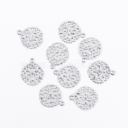 Flat Round Brass Flower Filigree Findings Charms Pendants, Silver Color Plated, 15x13x0.5mm, Hole: 1mm(X-KK-O015-05S)