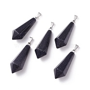 Synthetic Blue Goldstone Pointed Pendants, with Platinum Plated Brass Loops, Bullet, 35.3~38x13~14mm, Hole: 6.5x2.8mm(G-I314-02P-08)