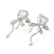 Brass Stud Earrings, with Clear Cubic Zirconia for Women, Heart with Bowknot, Platinum, 30x16mm(EJEW-D109-04P)
