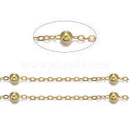 Brass Flat Oval Cable Chains, Satellite Chains, with Round Beads, Unwelded, with Spool, Cadmium Free & Nickel Free & Lead Free, Golden, 2.2x1.7x0.23mm, Bead: 3.5mm, about 301.83 Feet(92m)/roll(CHC018Y-G)