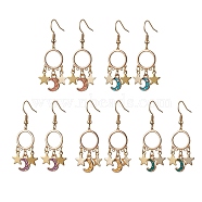 Moon and Star Alloy Enamel Chandelier Earrings, Mixed Color, 45x13mm(EJEW-JE05603)