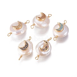 Natural Pearl Links connectors, with Cubic Zirconia and Brass Findings, Flat Round with Moon, Golden, Mixed Color, 19~23x10~12x6~9mm, Hole: 1.6mm(PEAR-I005-19)