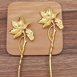 Alloy Lotus Hair Sticks for Enamel, Cabochons Settings, Long-Lasting Plated Hair Accessories for Women, Golden, 175x47mm, Tray: 10mm(OHAR-PW0006-24B)