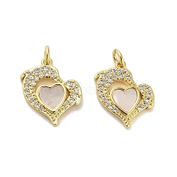 Brass Micro Pave Clear Cubic Zirconia Pendants, with Shell, Jump Rings, Real 18K Gold Plated, Heart, 15x14x2mm, Hole: 2.5mm(KK-K365-04A-G)