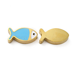 Ion Plating(IP) 304 Stainless Steel Beads, with Enamel, Real 18K Gold Plated, Fish, Deep Sky Blue, 7x13.5x3mm, Hole: 1.8mm(STAS-C074-10G-05)