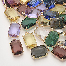 Faceted Glass Pendants, with Golden Tone Brass Open Back Settings, Rectangle, Mixed Color, 18.5x11.5x5.5mm, Hole: 1.2mm(X-GLAA-T010-005A-01)