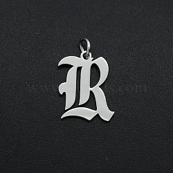 304 Stainless Steel Pendants, with Jump Ring, Old English, Letter, Laser Cut, Stainless Steel Color, Letter.R, 16x13x1mm, Hole: 3mm(A-STAS-R111-JA565-R)