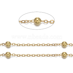 Brass Flat Oval Cable Chains, Satellite Chains, with Round Beads, Unwelded, with Spool, Cadmium Free & Nickel Free & Lead Free, Golden, 2.2x1.7x0.23mm, Bead: 3.5mm, about 301.83 Feet(92m)/roll(CHC018Y-G)