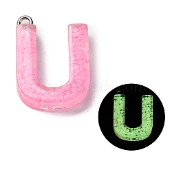 Luminous Resin Pendants, Glow in the Dark, with Platinum Plated Loop, Letter, Letter U, 23.5x16.5x5mm, Hole: 1.8mm(RESI-I059-U01)