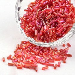 Tube Transparent Colours Rainbow Plated Glass Bugle Beads, Red, 3~5x1.8~2mm, Hole: 0.8mm, about 1200pcs/50g(X-SEED-I001-165)
