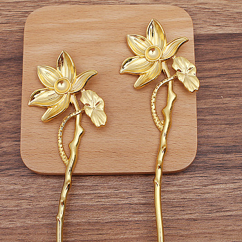 Alloy Lotus Hair Sticks for Enamel, Cabochons Settings, Long-Lasting Plated Hair Accessories for Women, Golden, 175x47mm, Tray: 10mm