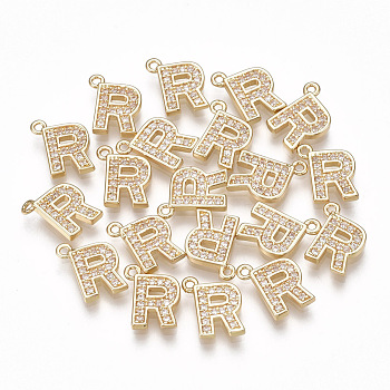 Brass Cubic Zirconia Charms, Letter, Clear, Real 18K Gold Plated, Letter.R, 10x8x1.5mm, Hole: 1mm