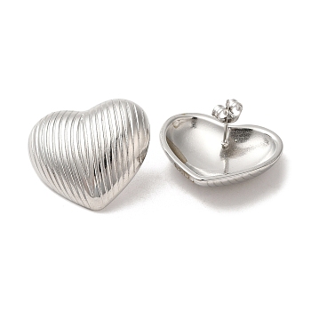 304 Stainless Steel Stud Earrings, Textured Heart, Stainless Steel Color, 22x25mm