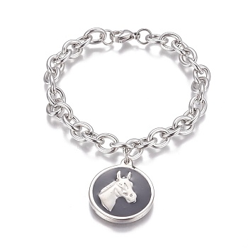 Stainless Steel Bracelets, with Enamel Charms, Round with Horse Head, Stainless Steel Color, 8-1/4 inch(210mm)