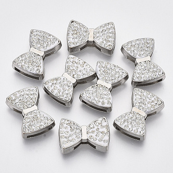 Alloy Slide Charms, with Polymer Clay Rhinestone, Bowknot, Platinum, PP13(1.9~2mm), 14x19.5x6mm, Hole: 2x10.5mm and 2x8mm