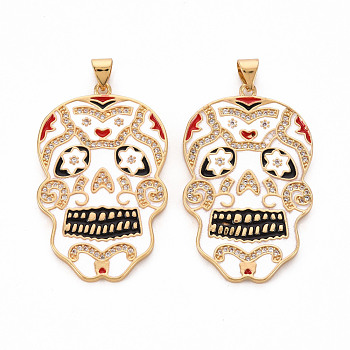 Brass Micro Pave Clear Cubic Zirconia Pendants, with Enamel, Cadmium Free & Nickel Free & Lead Free, Skull, Real 16K Gold Plated, 39x24.5x2mm, Hole: 5x3mm