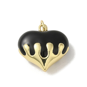 Rack Plating Brass Enamel Pendants, with Jump Ring, Long-Lasting Plated, Lead Free & Cadmium Free, Real 18K Gold Plated, Heart Charm, Black, 20.5x20.5x10.5mm, Hole: 3mm