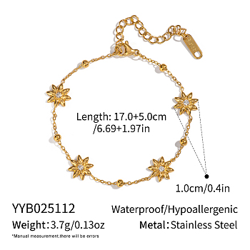 Elegant 304 Stainless Steel Crystal Rhinestone Flower Link Bracelets for Women, Real 18K Gold Plated, 6-3/4 inch(17cm)