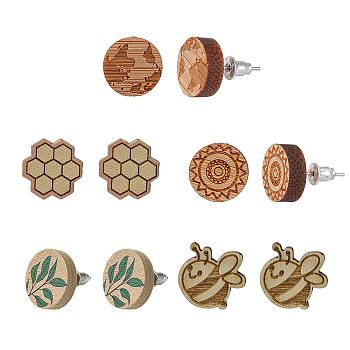 Natural Wood Stud Earrings, with Stainless Steel Stud Earring Findings and Ear Nuts, Flat Round with Pattern, Bisque, 12~17x4mm, Pin: 0.6~0.7mm, 5 patterns, 1pair/pattern, 5pairs/box