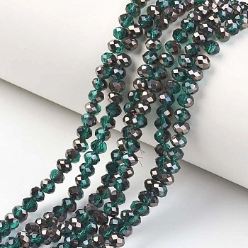 Electroplate Transparent Glass Beads Strands, Half Black Plated, Faceted, Rondelle, Teal, 4x3mm, Hole: 0.4mm, about 123~127pcs/strand, 16.5~16.9 inch(42~43cm)