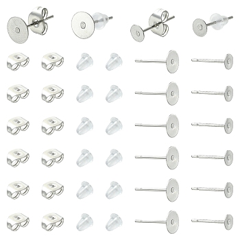 100Pcs 2 Styles 304 Stainless Steel Stud Earring Findings, 50Pcs 304 Stainless Steel Ear Nuts, 50Pcs Plastic Ear Nuts, Stainless Steel Color, 12x4~6mm, Pin: 0.6~0.7mm