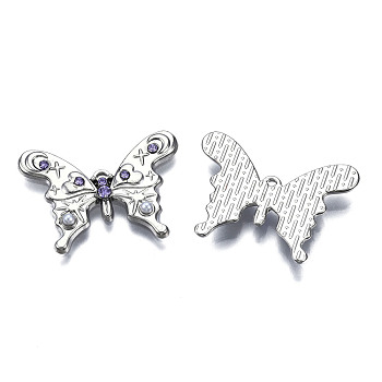 Rack Plating Alloy Pendants, with Rhinestone and ABS Plastic Imitation Pearl, Cadmium Free & Lead Free, Platinum, Butterfly, Amethyst, 20x27x3mm, Hole: 1mm