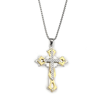 201 Stainless Steel Necklaces, Alloy Rhinestone Pendants Necklaces, Cross, Golden & Stainless Steel Color, 23.31 inch(59.2cm)