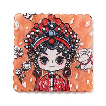 Embossed Printed Acrylic Pendant, Square Beijing Opera, Coral, 37.5x37.5x2.5mm, Hole: 1.8mm