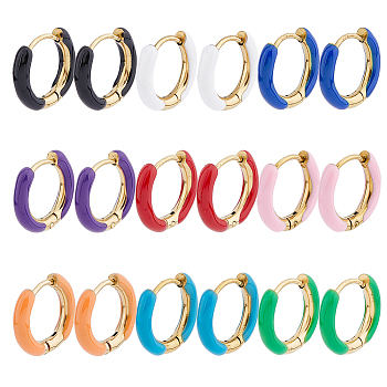 9 Pairs 9 Colors Enamel Huggie Hoop Earrings, Real 18K Gold Plated 304 Stainless Steel Jewelry for Women, Mixed Color, 10 Gauge, 15~16x2.5mm, Pin: 1mm, 1 Pair/color