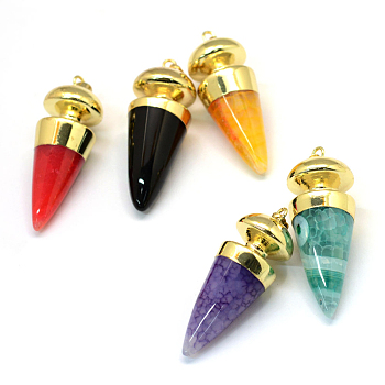 Cone/Spike/Pendulum Dyed Natural Agate Big Pendants, with Golden Plated Brass Findings, Mixed Color, 55~56x19~21mm, Hole: 7x5mm