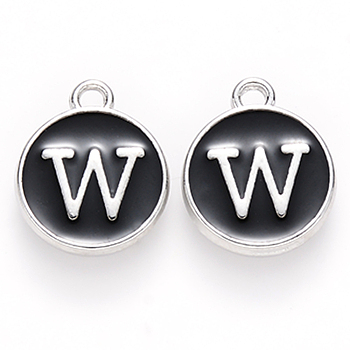 Platinum Plated Alloy Charms, Cadmium Free & Lead Free, with Enamel, Enamelled Sequins, Flat Round with Letter, Letter.W, 14x12x2mm, Hole: 1.5mm