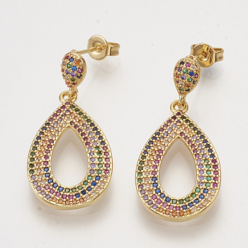 Brass Cubic Zirconia Stud Earrings, Dangle Earrings, with Ear Nuts, Teardrop, Colorful, Golden, 33mm, Pin: 1mm