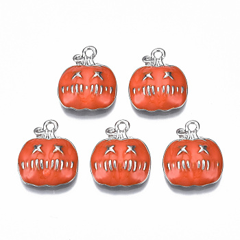 Alloy Enamel Pendants, Cadmium Free & Lead Free, Platinum, for Halloween, Pumpkin Jack-O'-Lantern, Orange Red, 20.5x17x4mm, Hole: 1.6mm