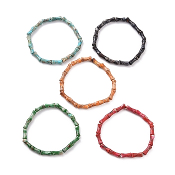 Natural Imperial Jasper(Dyed) Bamboo Stick Shape Beaded Stretch Bracelets, Gemstone Jewelry for Men Women, Mixed Color, 1/4 inch(0.5cm), Inner Diameter: 2-1/8 inch(5.5cm)