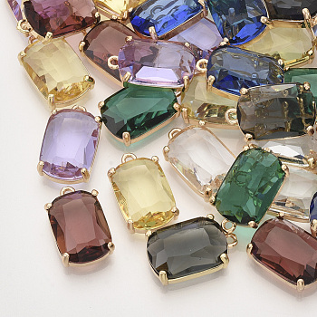 Faceted Glass Pendants, with Golden Tone Brass Open Back Settings, Rectangle, Mixed Color, 18.5x11.5x5.5mm, Hole: 1.2mm