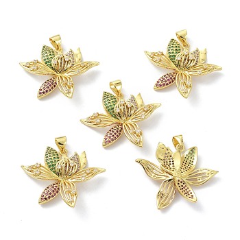 Brass Cubic Zirconia Pendants, Long-Lasting Plated, Lead Free & Cadmium Free, Real 18K Gold Plated, Flower, Colorful, 24.5x29x6mm, Hole: 3.5x4mm