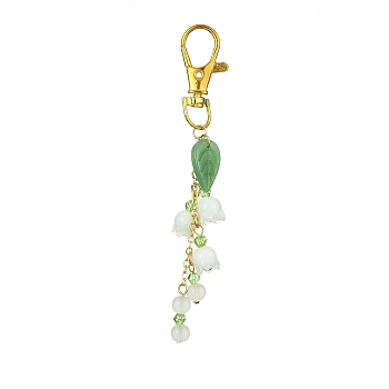 Lily of the Valley Handmade Lampwork Pendant Decorations, with Glass Beads and Alloy Swivel Lobster Claw Clasps, Golden, 105mm