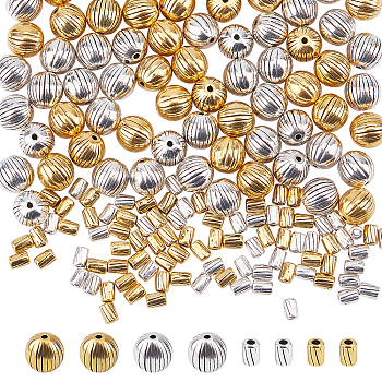 200Pcs 4 Style Tibetan Silver Corrugated Beads, Lead Free and Cadmium Free, Round and Column, Mixed Color, 50pcs/style