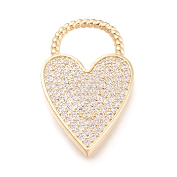 Brass Micro Pave Clear Cubic Zirconia Pendants, Long-Lasting Plated, Heart, Golden & Green Patina, 33x19.8x3mm, Hole: 11.5x11mm