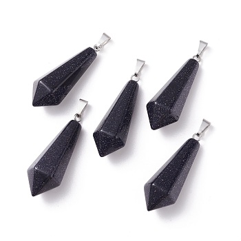 Synthetic Blue Goldstone Pointed Pendants, with Platinum Plated Brass Loops, Bullet, 35.3~38x13~14mm, Hole: 6.5x2.8mm