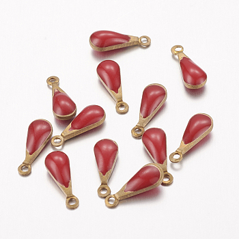Antique Golden Plated Brass Enamel teardrop, Charms, Enamelled Sequins, Red, 11x4x3mm, Hole: 1mm